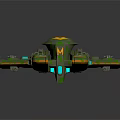 Futuristic Green And Orange Cosmic Spaceship With Blue Lights And Wing Structure