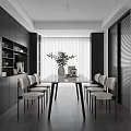 Minimalist Modern Restaurant Interior Featuring Long Dining Table White Chairs And Window Blinds 3d model