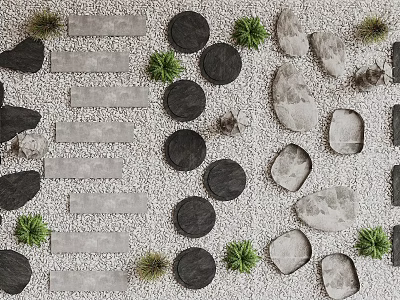 Natural Stone And Wood Decorative Arrangement With Various Shapes Pieces And Small Green Plants 3d model