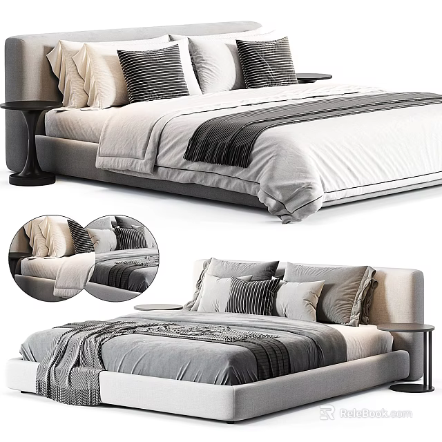 Modern Double Bed Interior Design With Plush Pillows Striped Bedspread And Bedside Table 3d model