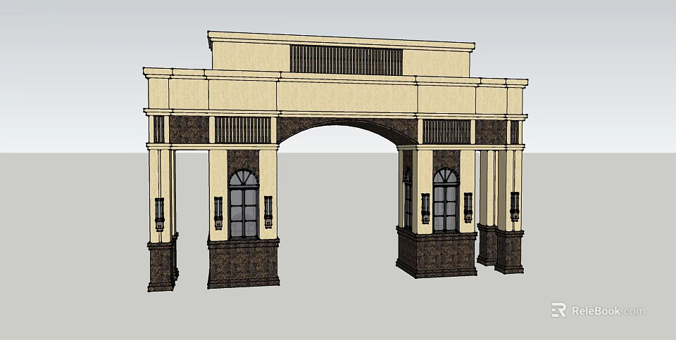 Classical Arched Entrance Gate with Decorative Columns Windows and Lanterns Design 3d model 