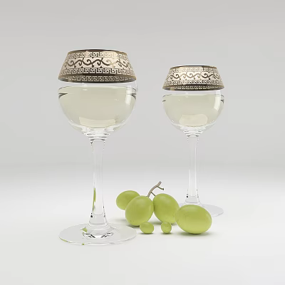 Elegant Wine Glasses With Decorative Gold Lids Filled Light Colored Beverage And Fresh Green Grapes 3d model