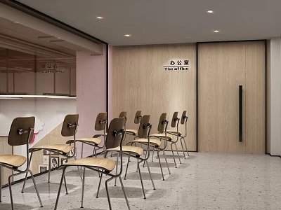 Conference Room Interior Design With Arranged Wooden Chairs And Pink Wall 3d model