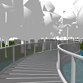 Curved Modern Walkway With Metal Railings Tall Trees And Water Feature