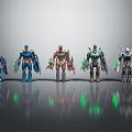 Sci Fi Robot Characters With Various Metallic Designs And Green Reflective Lights 3d model