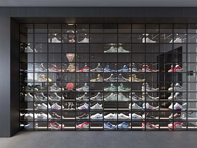 Modern Shoe Display Cabinet With Glass Door Black Frame And Organized Sneakers 3d model