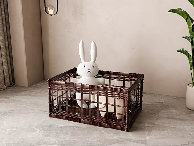 Brown Woven Storage Basket with White Rabbit Doll on Gray Floor in Indoor Space 3d model