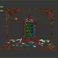 Green Door in Red Brick Arch With Round Light Small Window and White Paper Planes