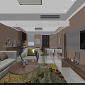 Modern Living and Dining Room Interior With Sofa Coffee Table Rug And TV Wall Decor