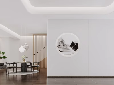 Modern Teahouse Interior With Round Table Pendant Lights And Art 3d model