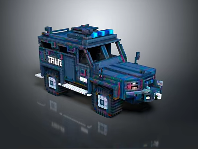 Pixel Art Police Car Model With Blue Lights And Detailed Block Structure 3d model