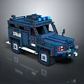 Pixel Art Police Car Model With Blue Lights And Detailed Block Structure