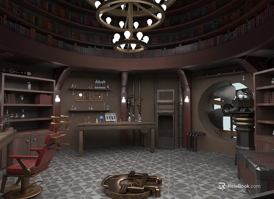 Vintage Circular Library Room With Wooden Bookshelves Chandelier And Red Chair 3d model 