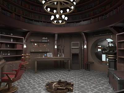 Vintage Circular Library Room With Wooden Bookshelves Chandelier And Red Chair 3d model