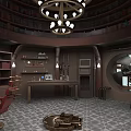 Vintage Circular Library Room With Wooden Bookshelves Chandelier And Red Chair