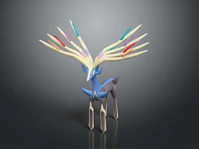 Colorful Antlered Deer Like Creature With Vibrant Colored Tines Slender Legs And Blue Gray Body 3d model