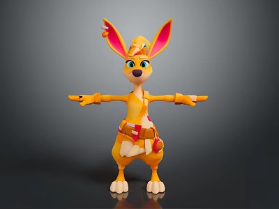 Yellow Cartoon Kangaroo With Long Ears Open Arms And Red Decorated Clothes 3d model