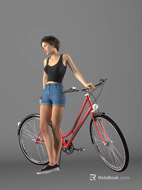 A Woman Wearing Black Tank Top and Denim Shorts Standing Beside Red Bicycle 3d model 