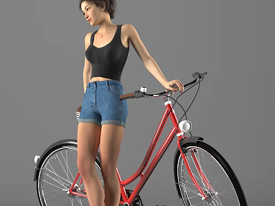 A Woman Wearing Black Tank Top and Denim Shorts Standing Beside Red Bicycle 3d model