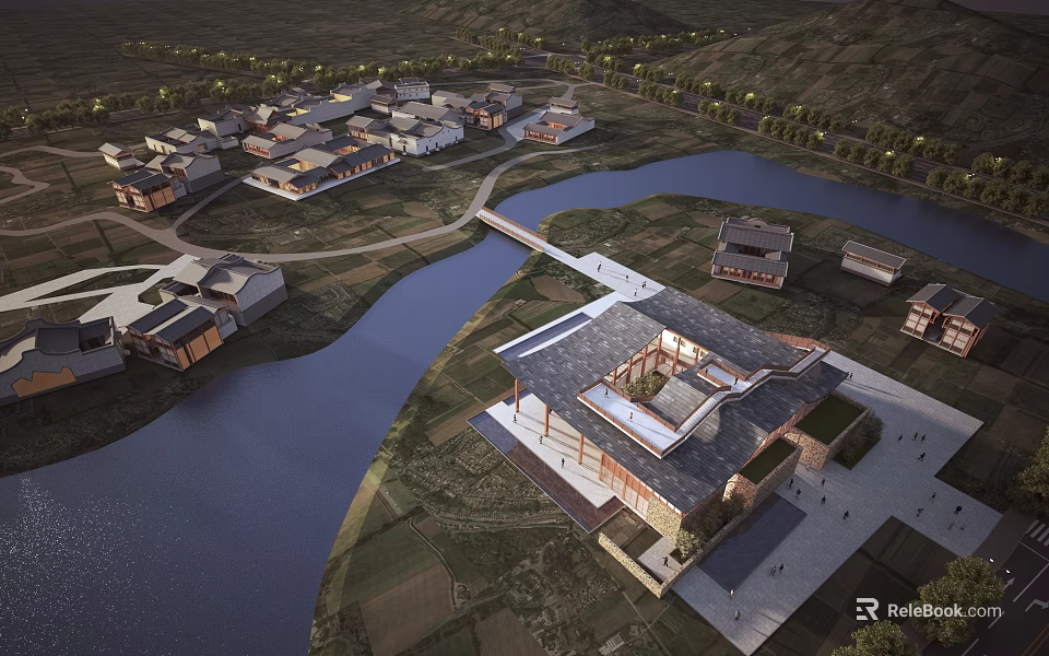 Aerial View Of Traditional Modern Architectural Complex With River Farmland And Greenery 3d model 