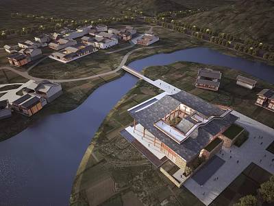 Aerial View Of Traditional Modern Architectural Complex With River Farmland And Greenery 3d model