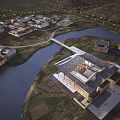 Aerial View Of Traditional Modern Architectural Complex With River Farmland And Greenery