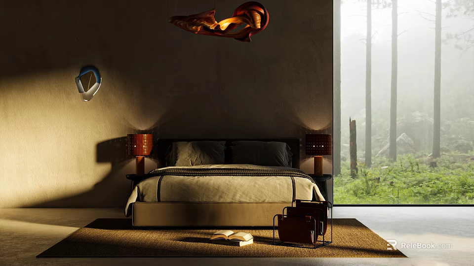 Modern Double Bed Interior With Dark Wall Red Pendant Light Bedside Lamps Forest View Window 3d model 