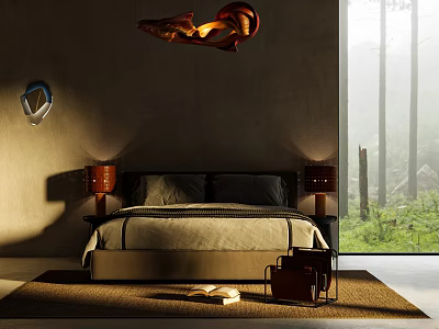 Modern Double Bed Interior With Dark Wall Red Pendant Light Bedside Lamps Forest View Window 3d model