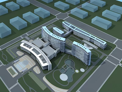 Modern Hospital Building Design Featuring Connected Structures And Green Surroundings 3d model