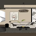 Modern Living Room Interior With Beige Sofa Black Coffee Table Anime Painting Wavy Pendant Light