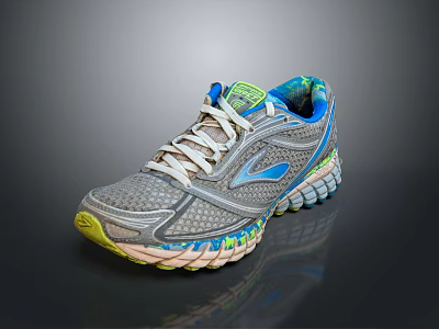 Gray Running Shoes With Blue Accents Green Details White Laces Mesh Upper And Cushioned Sole 3d model