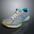 Gray Running Shoes With Blue Accents Green Details White Laces Mesh Upper And Cushioned Sole