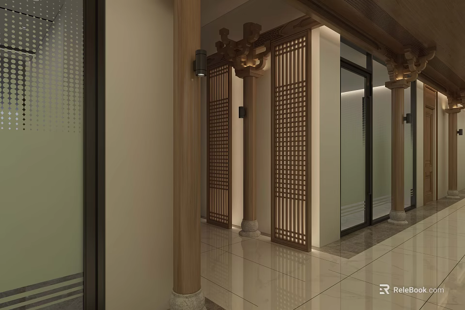 Elevator Corridor With Wooden Lattice Partitions Decorative Columns Modern Lighting And Polished Floor 3d model 