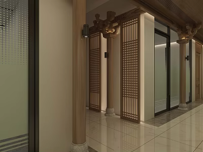 Elevator Corridor With Wooden Lattice Partitions Decorative Columns Modern Lighting And Polished Floor 3d model