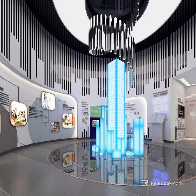 Modern Exhibition Hall Interior With Blue Glowing Pillars And Wall Displays 3d model 
