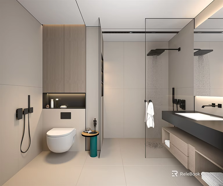 Modern Bathroom Interior With Glass Shower Wall Mounted Toilet Vanity And Wooden Cabinets 3d model 