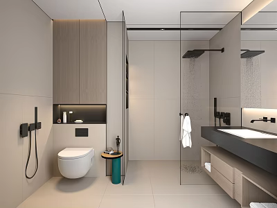 Modern Bathroom Interior With Glass Shower Wall Mounted Toilet Vanity And Wooden Cabinets 3d model