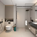Modern Bathroom Interior With Glass Shower Wall Mounted Toilet Vanity And Wooden Cabinets