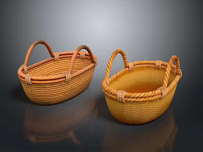Set of Two Handmade Woven Storage Baskets with Rattan Handles and Natural Design 3d model