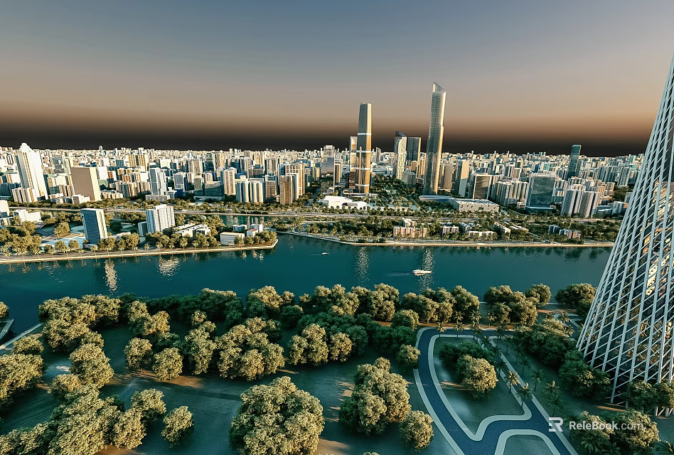 Urban Landscape Design With River Trees And High Rise Buildings At Twilight 3d model 