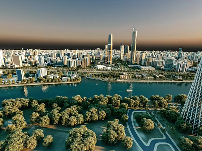 Urban Landscape Design With River Trees And High Rise Buildings At Twilight 3d model