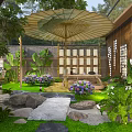 Elegant Zen Style Garden Landscape With Cozy Leisure Space Lush Greenery And Natural Stepping Stones