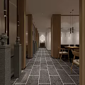 Minimalist Restaurant Corridor With Wooden Elements Black Floor Tiles And Dining Tables