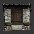 Small Stone Building with Wooden Door Tiled Roof and Side Planters with Greenery