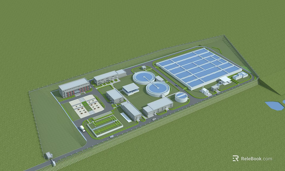 Overall Industrial Plant Layout Featuring Multiple Buildings Circular Tanks Large Blue Roof Structures 3d model 