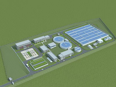 Overall Industrial Plant Layout Featuring Multiple Buildings Circular Tanks Large Blue Roof Structures 3d model