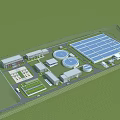 Overall Industrial Plant Layout Featuring Multiple Buildings Circular Tanks Large Blue Roof Structures