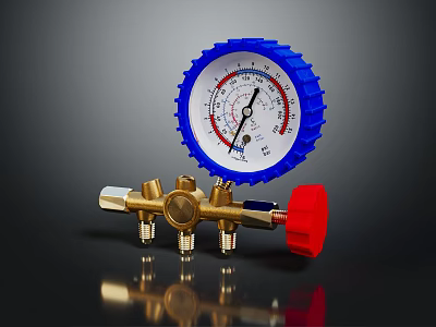 Brass Pressure Control Device With Blue Dial Gauge And Red Knob 3d model