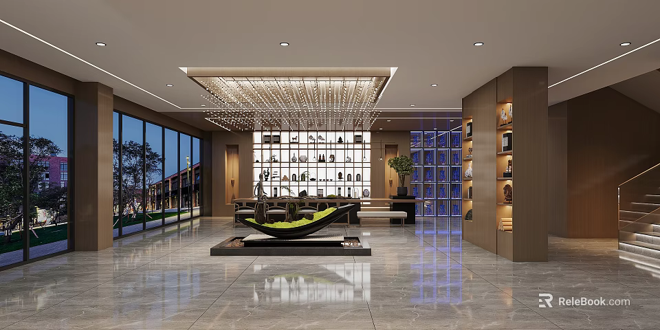 Hotel Lobby Modern Interior With Crystal Chandelier Wooden Shelves Large Windows Green Seating Marble Floor 3d model 
