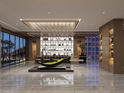 Hotel Lobby Modern Interior With Crystal Chandelier Wooden Shelves Large Windows Green Seating Marble Floor 3d model